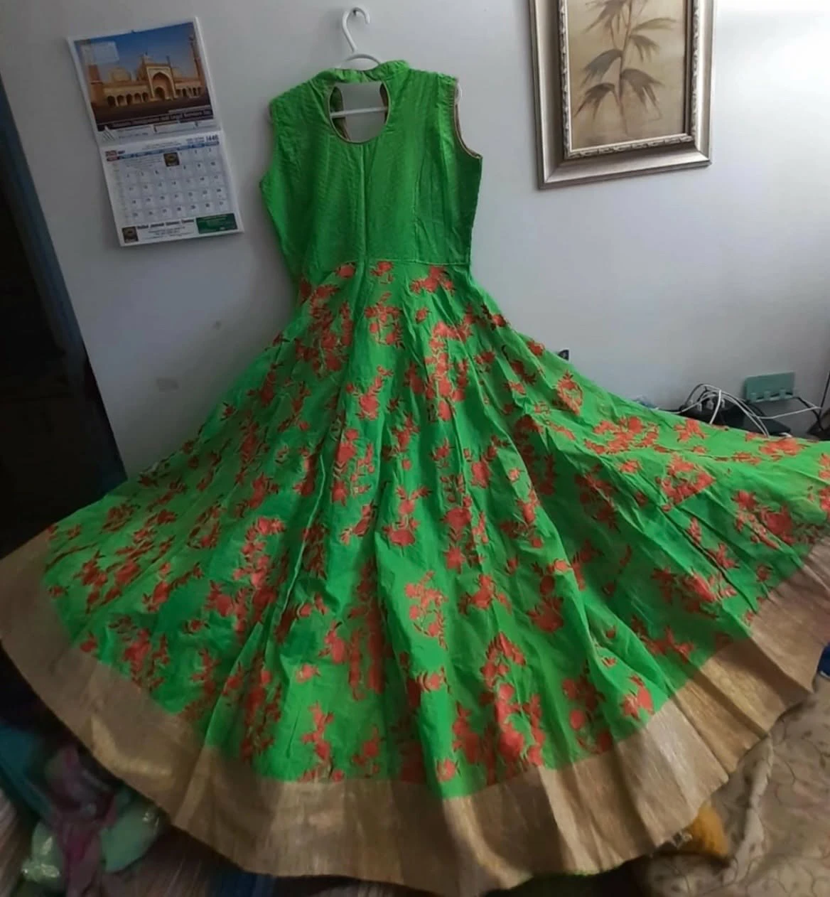 Bright Green Floral Anarkali Dress with Gold Border - photo 5