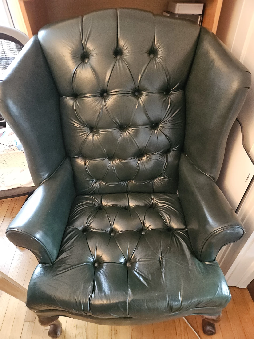 Green Tufted Leather Wingback Armchair