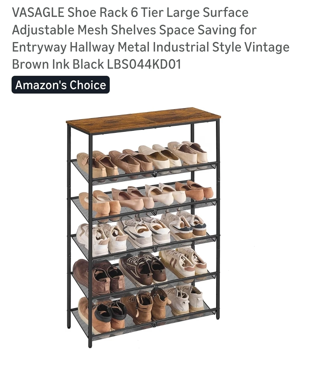 VASAGLE 6 Tier Shoe Rack - Industrial Style