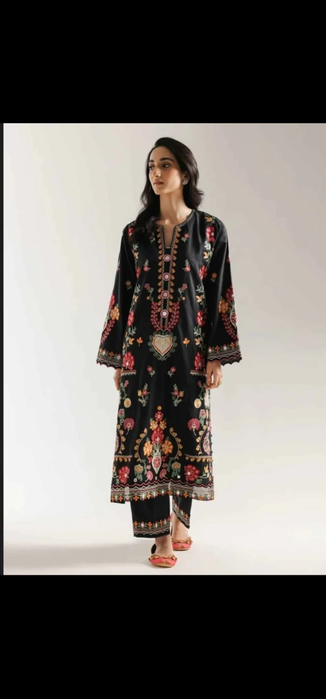 Embroidered Black Kurti and Pants Set
