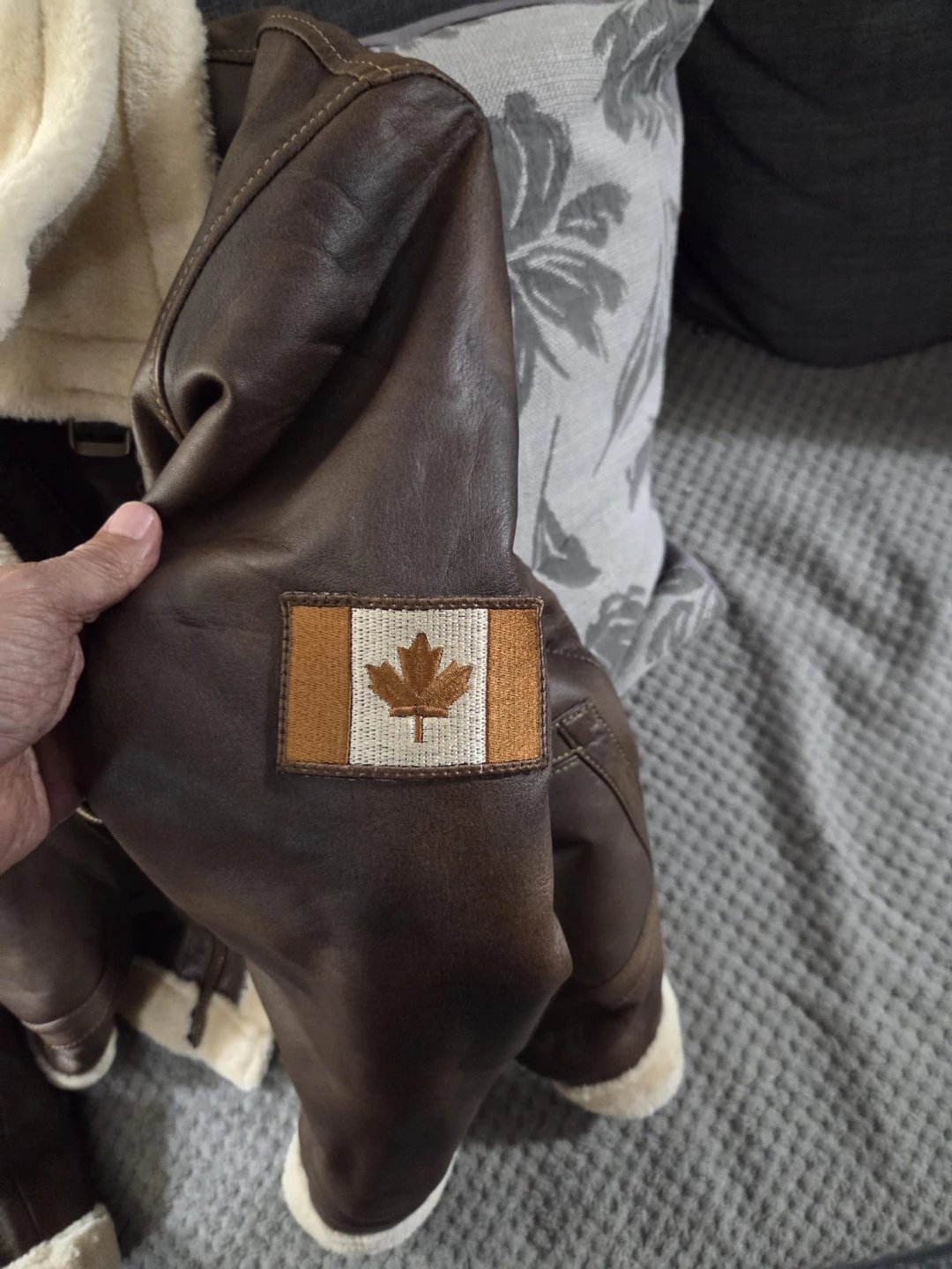 Brown Faux Leather Bomber Jacket with Shearling Collar - photo 3