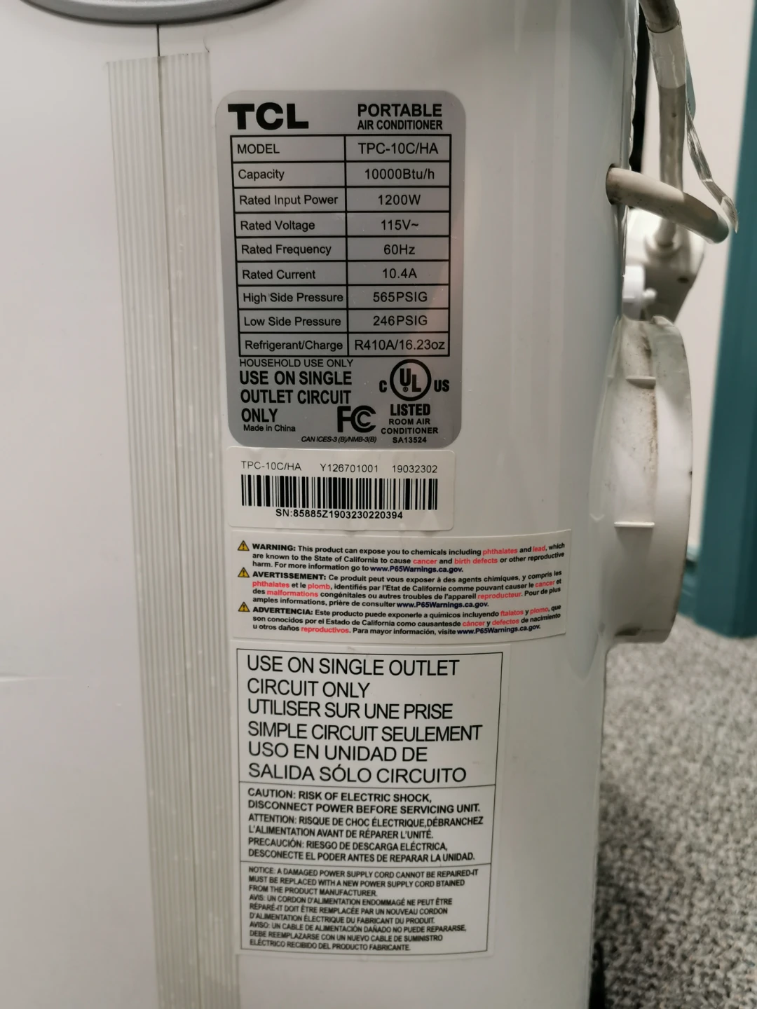 TCL Portable Air Conditioner TPC-10C/HA - photo 3