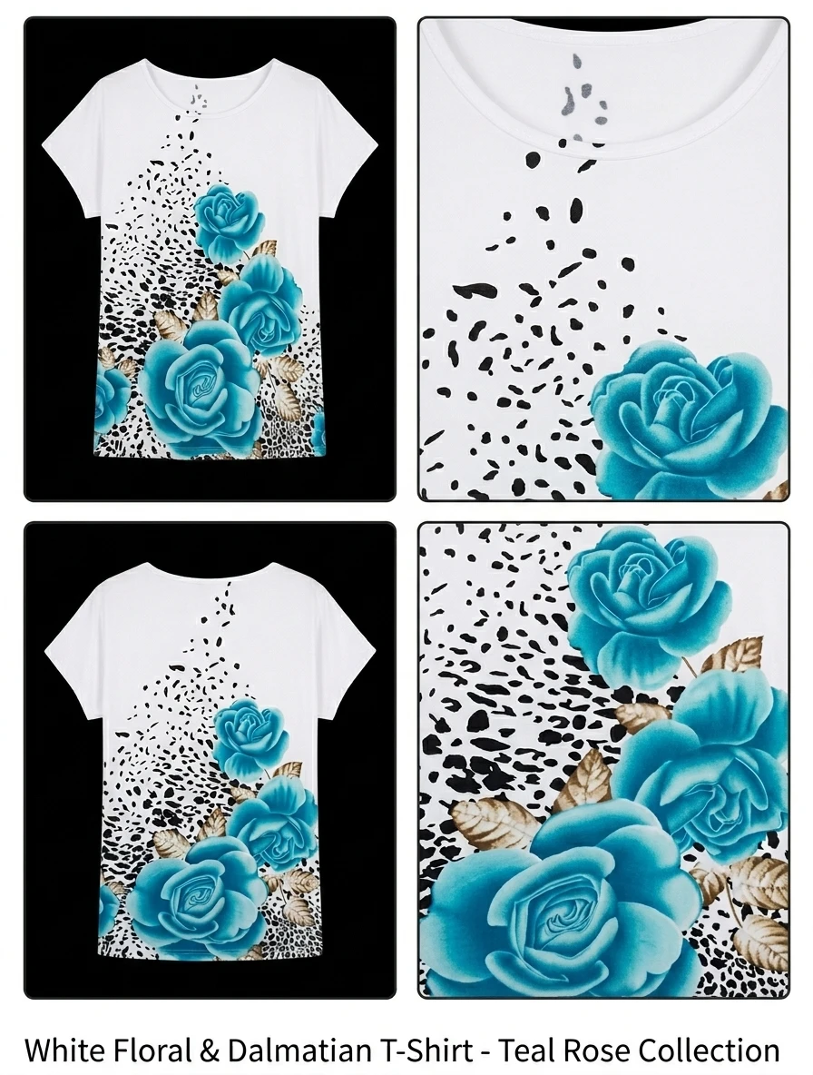 White T-Shirt with Teal Roses and Dalmatian Print l-xl