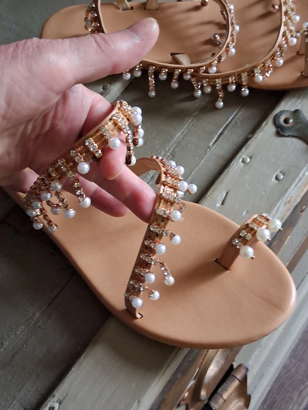 Tan embellished sandals with pearls and rhinestones, size 39