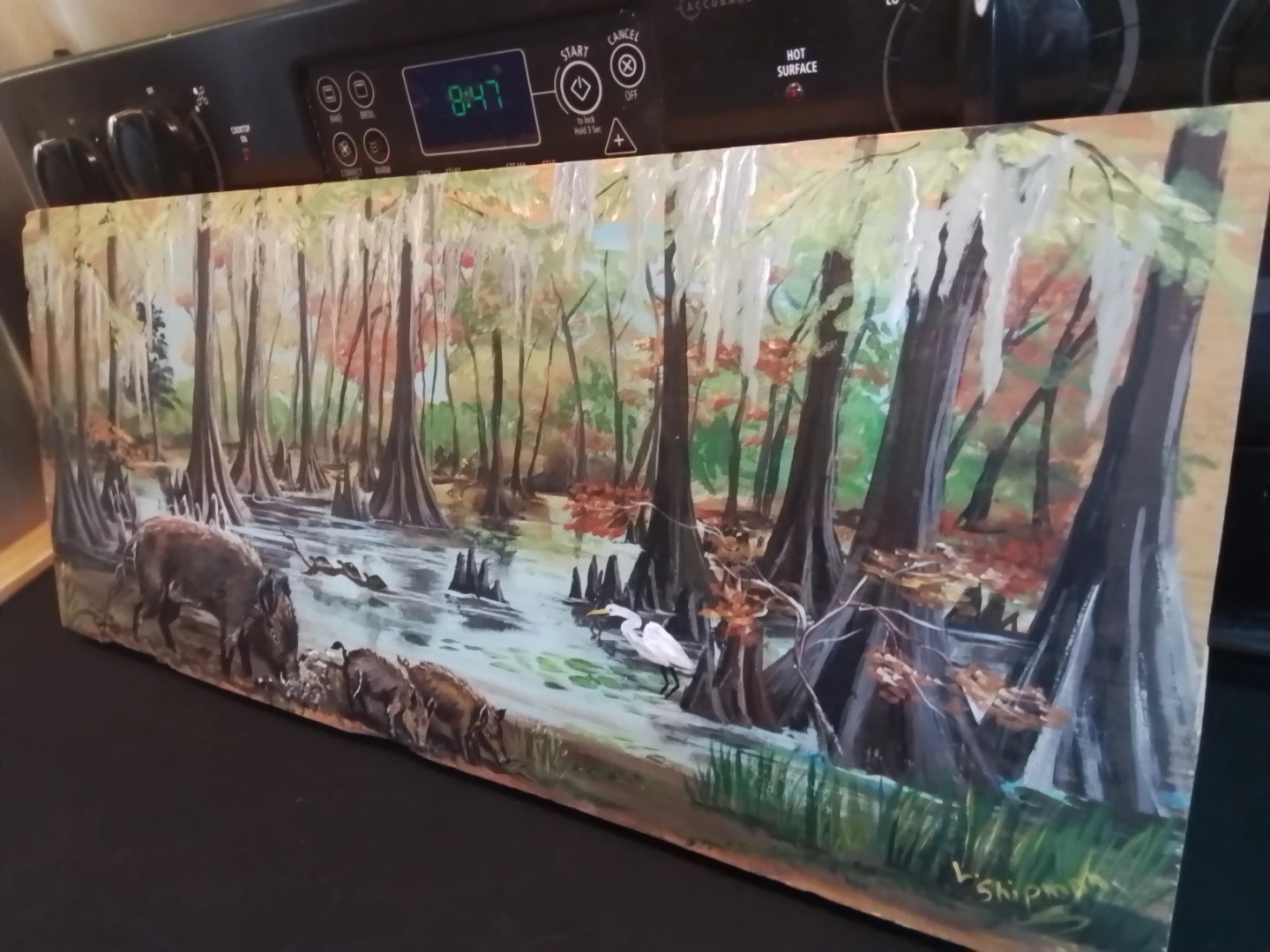 Swamp Scene with Boars and Egret by V. Shipman - photo 2