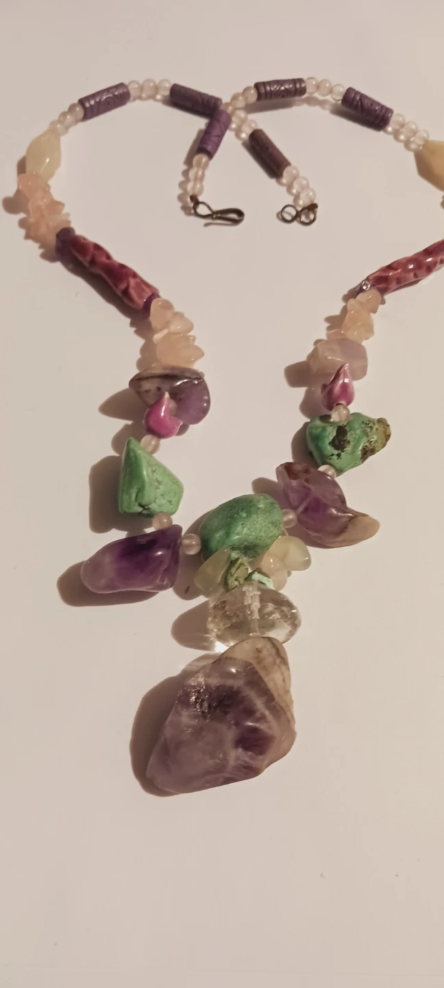 Natural Raw Amethyst, Aventurine, Rose Quartz Stones Necklace