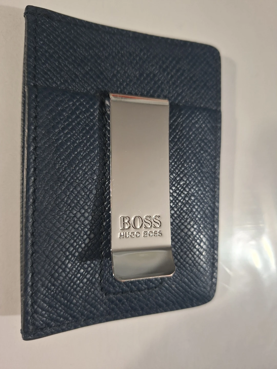 Hugo Boss Navy Blue Leather Money Clip Card Holder