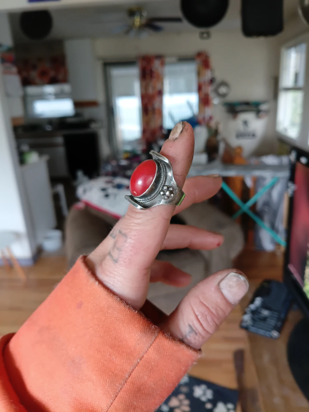 Vintage Sterling Silver Coral Ring Sz 8.5 Southwestern - photo 2