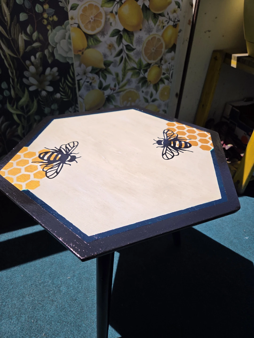 Hand-painted Hexagonal Side Table with Bee Design