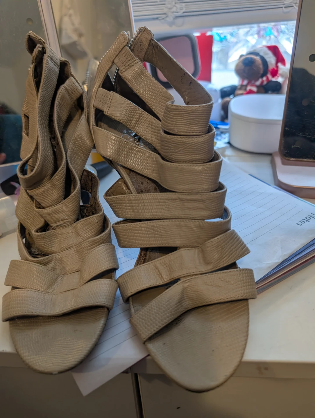 Women's Beige Strappy Heel Sandals with Zipper