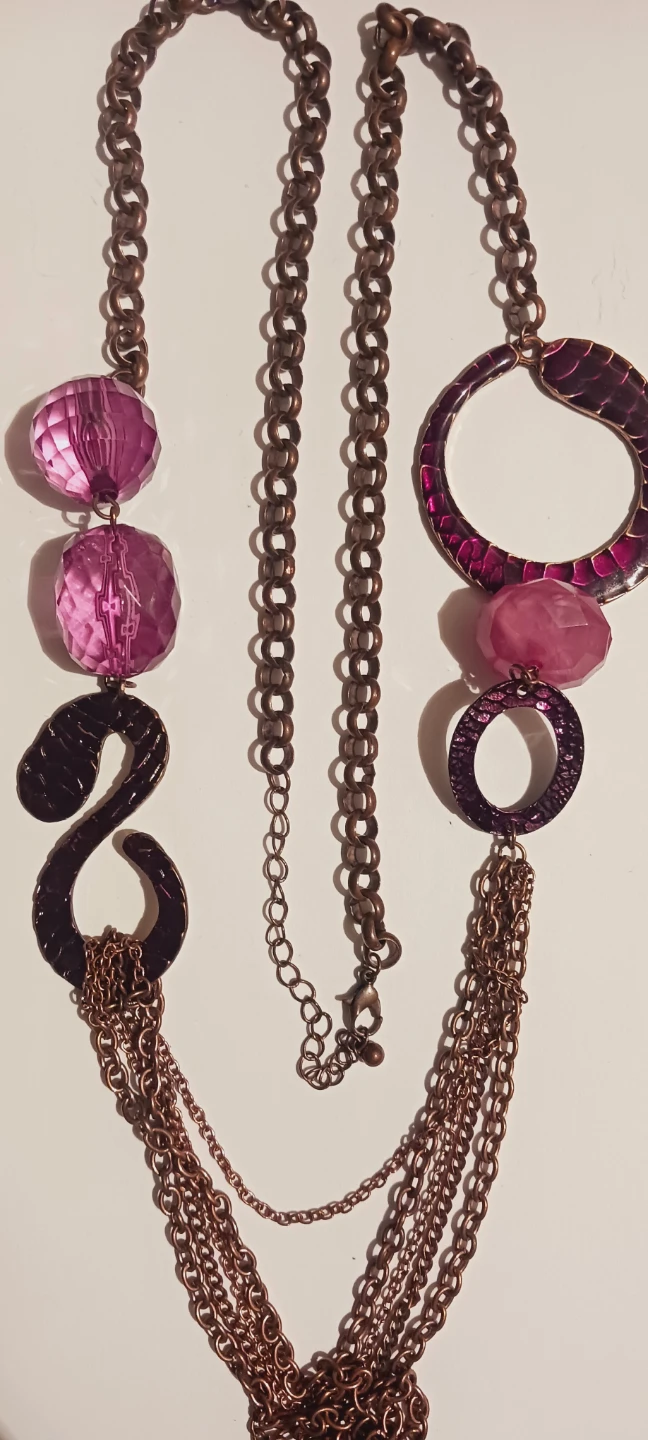 Long Beaded Necklace with Purple and Bronze Tones
