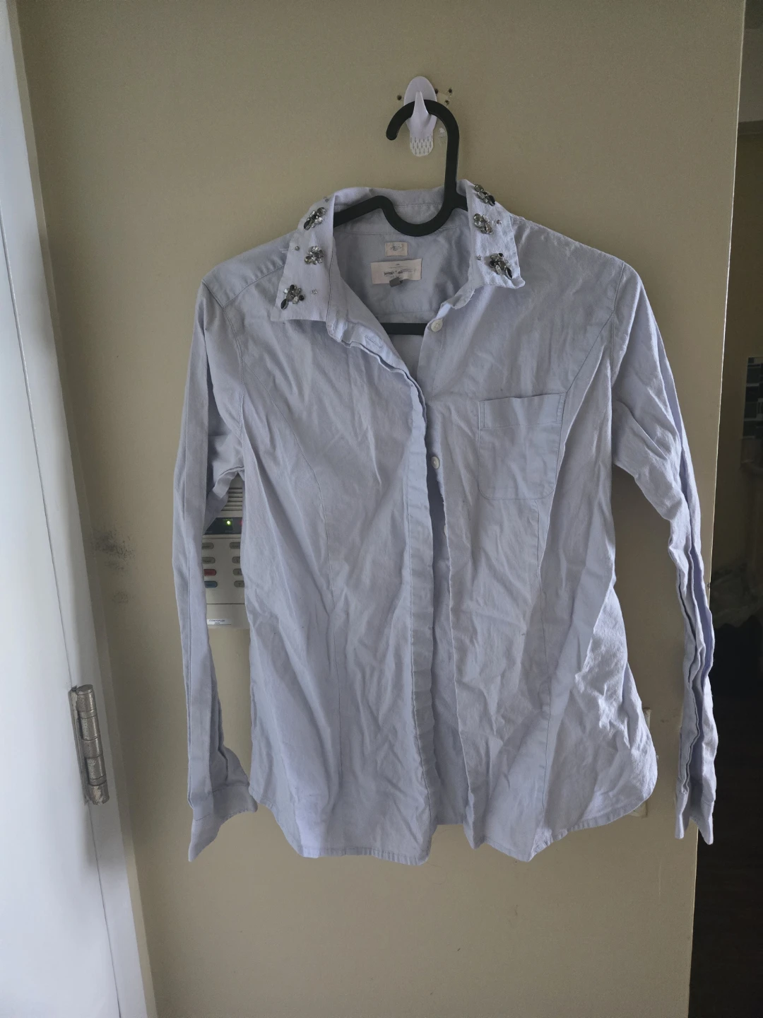 Light Blue Button-Up Shirt with Embellished Collar