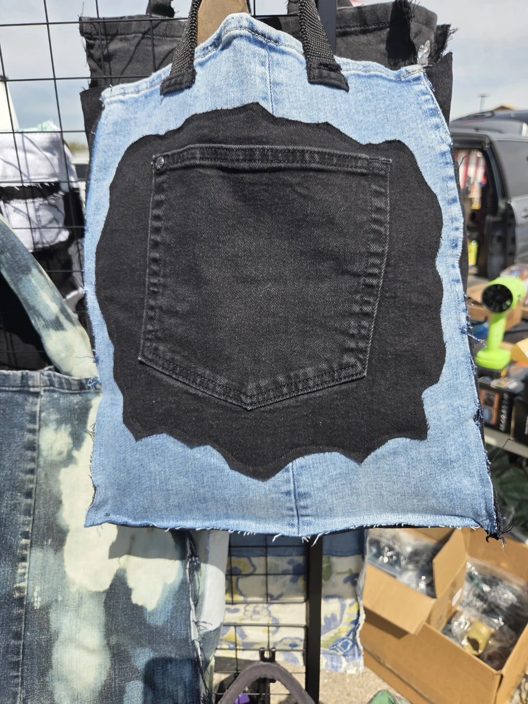 Denim Tote Bag with Black Pocket