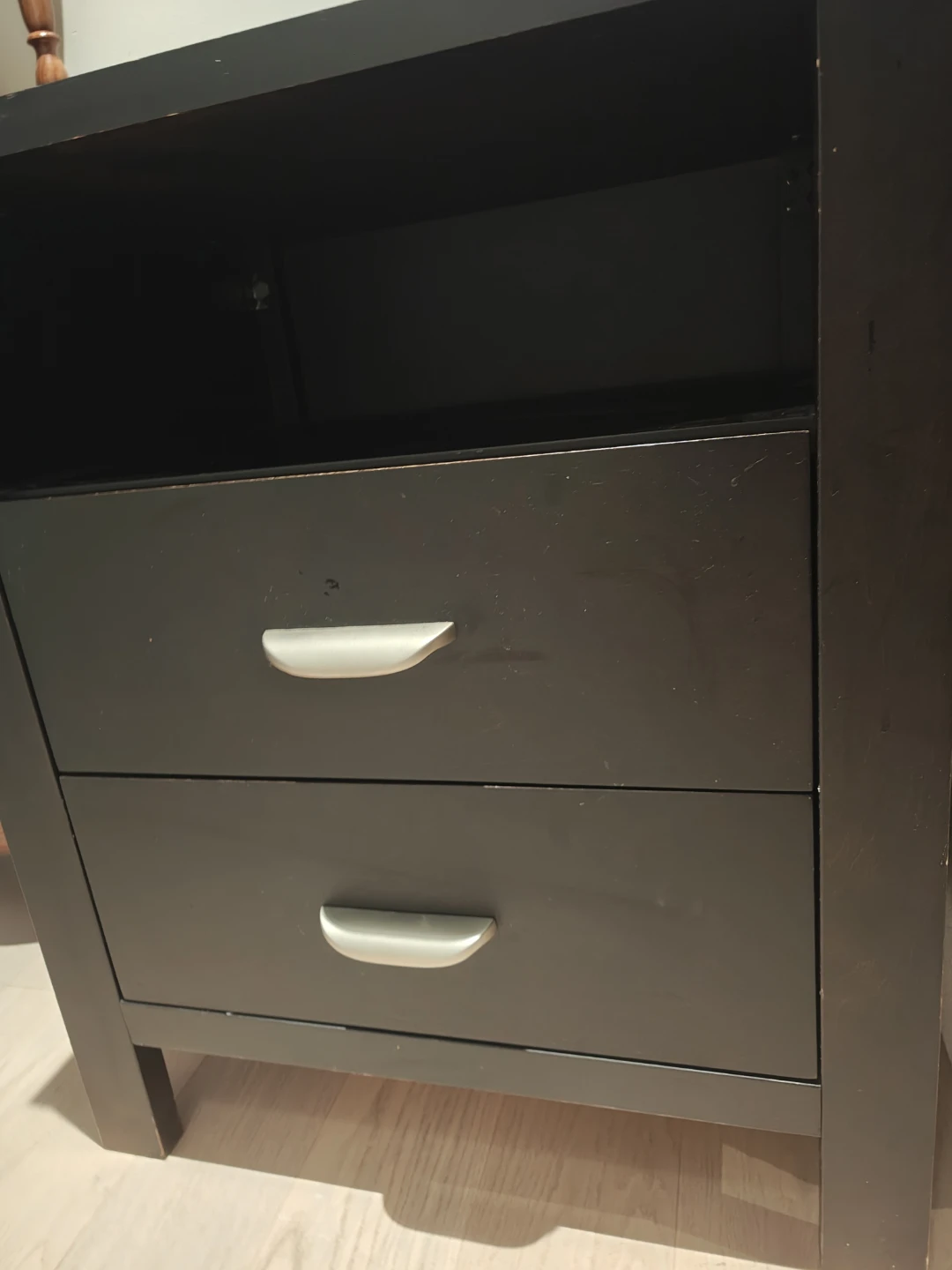 Dark Solid Wood Nightstand with Two Drawers