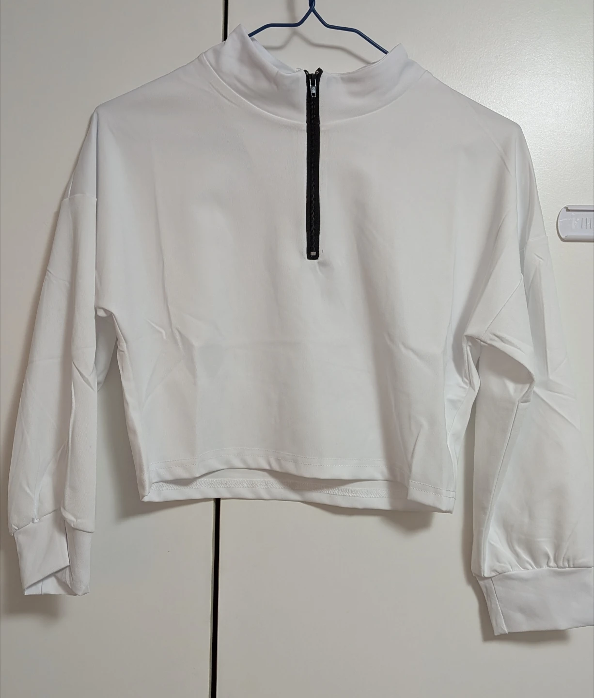 White Cropped Quarter-Zip Long Sleeve Shirt