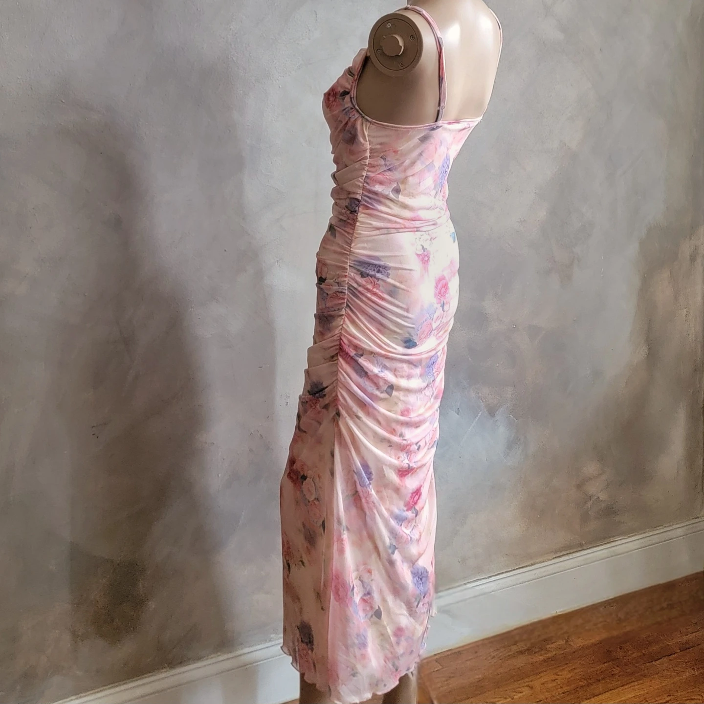 Pink Floral Ruched Mesh Maxi Dress - photo 4