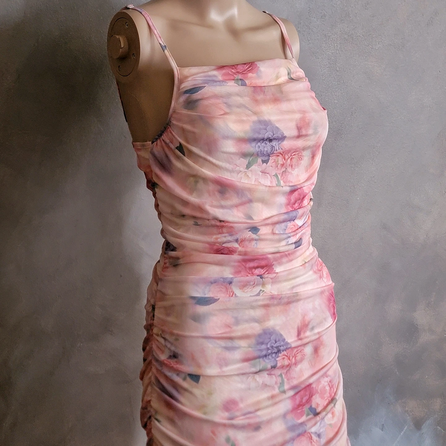 Pink Floral Ruched Mesh Maxi Dress - photo 5
