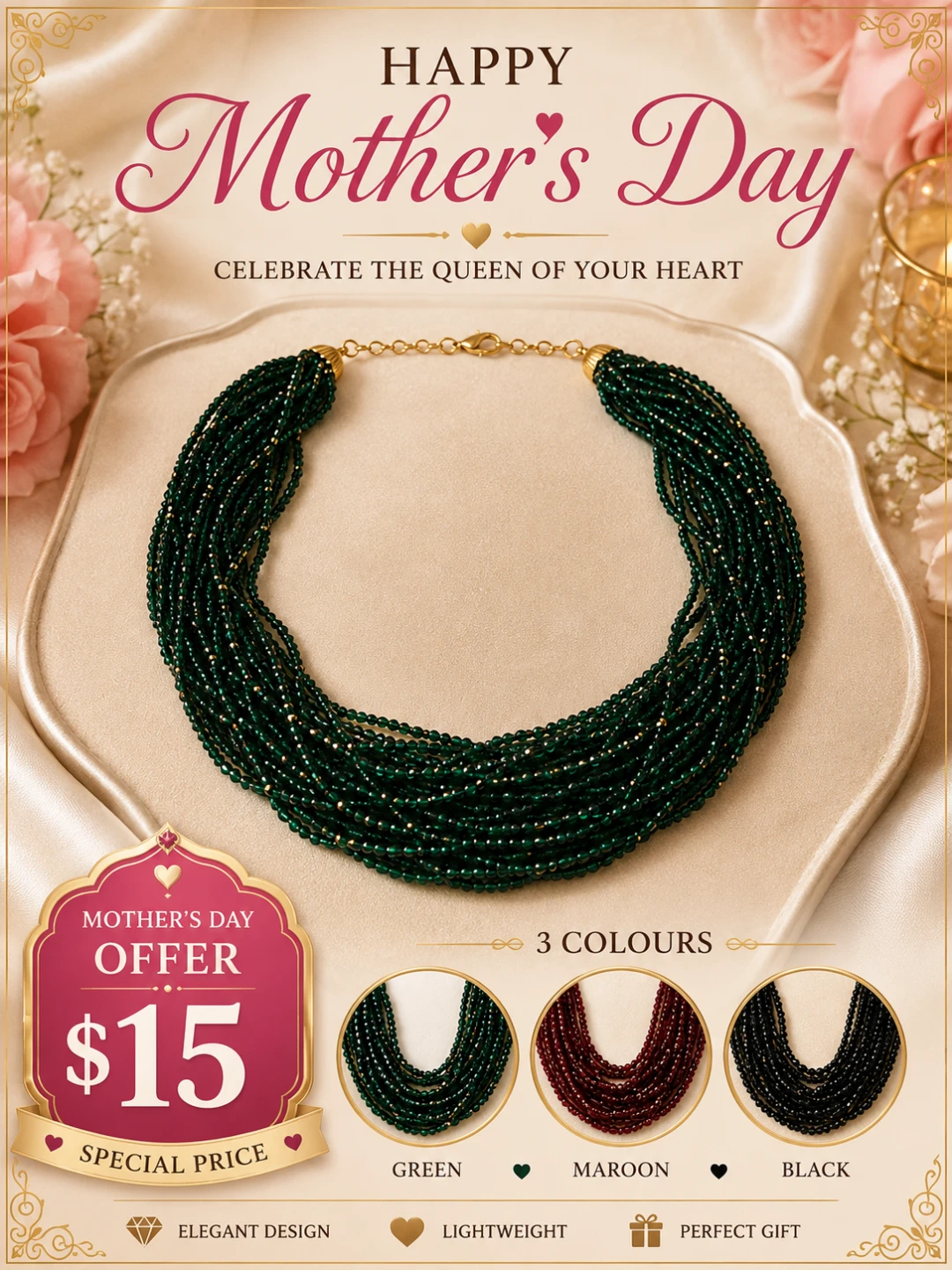 Multistrand Beaded Necklace - Green, Maroon, Black