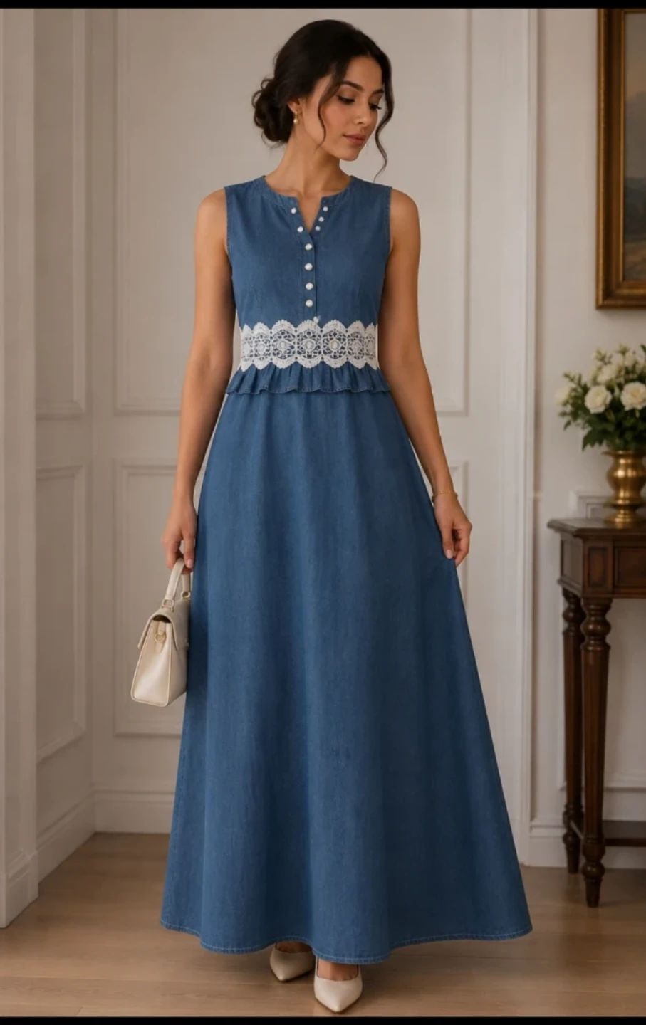 Denim Maxi Dress with White Lace Detail