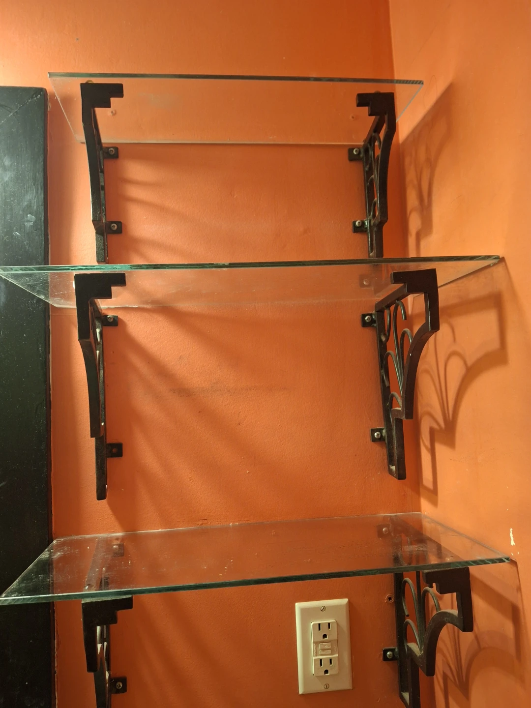 Set of 3 Glass Shelves with Black Wrought Iron Brackets