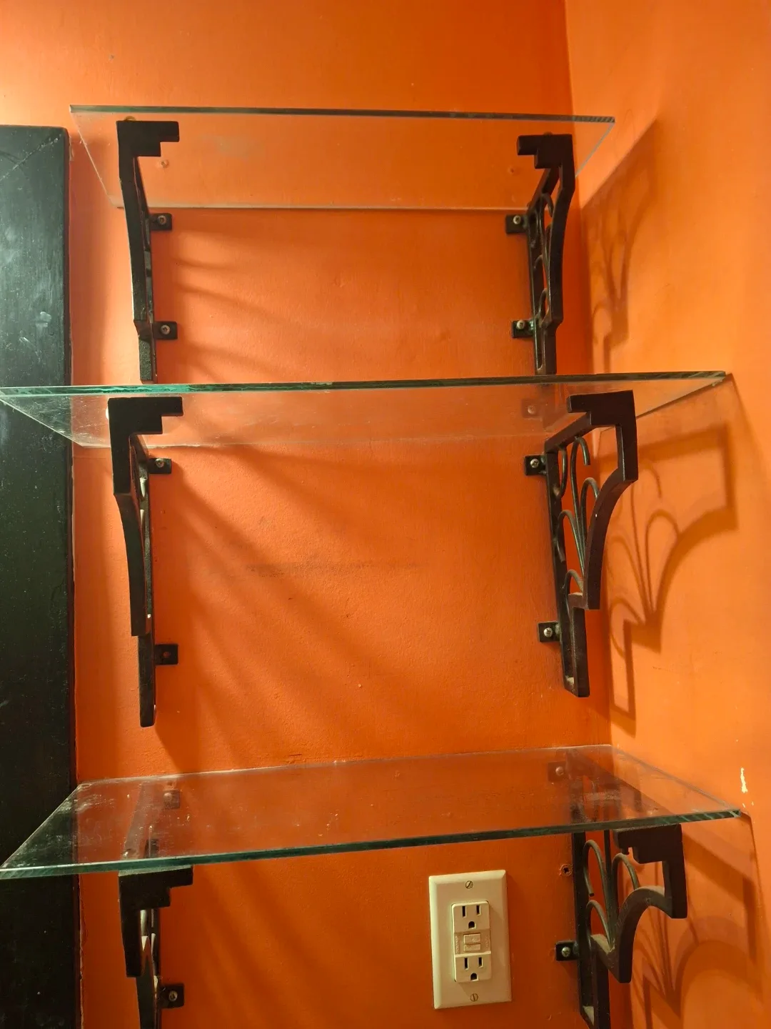Set of 3 Glass Shelves with Black Wrought Iron Brackets