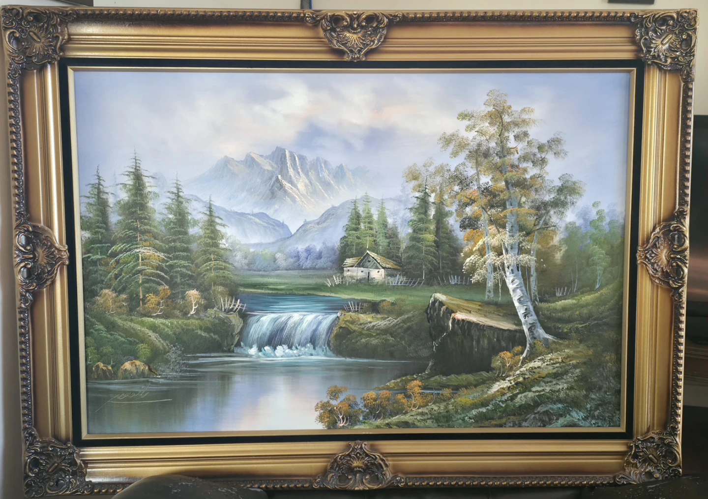 Framed Landscape Oil Painting of Mountains and Waterfall