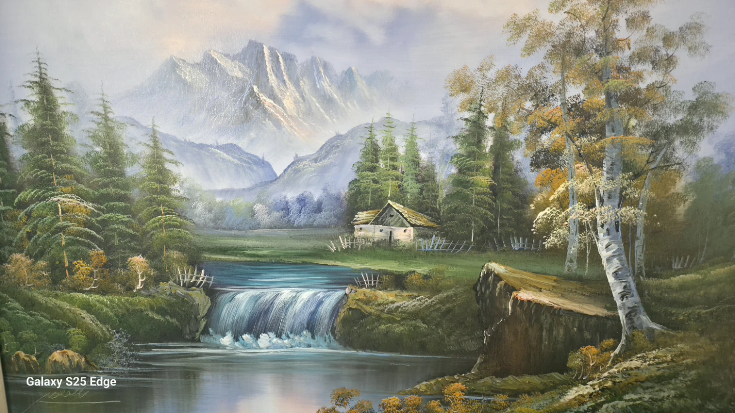 Framed Landscape Oil Painting of Mountains and Waterfall - photo 2