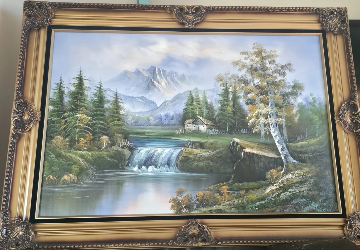 Framed Landscape Oil Painting of Mountains and Waterfall - photo 3