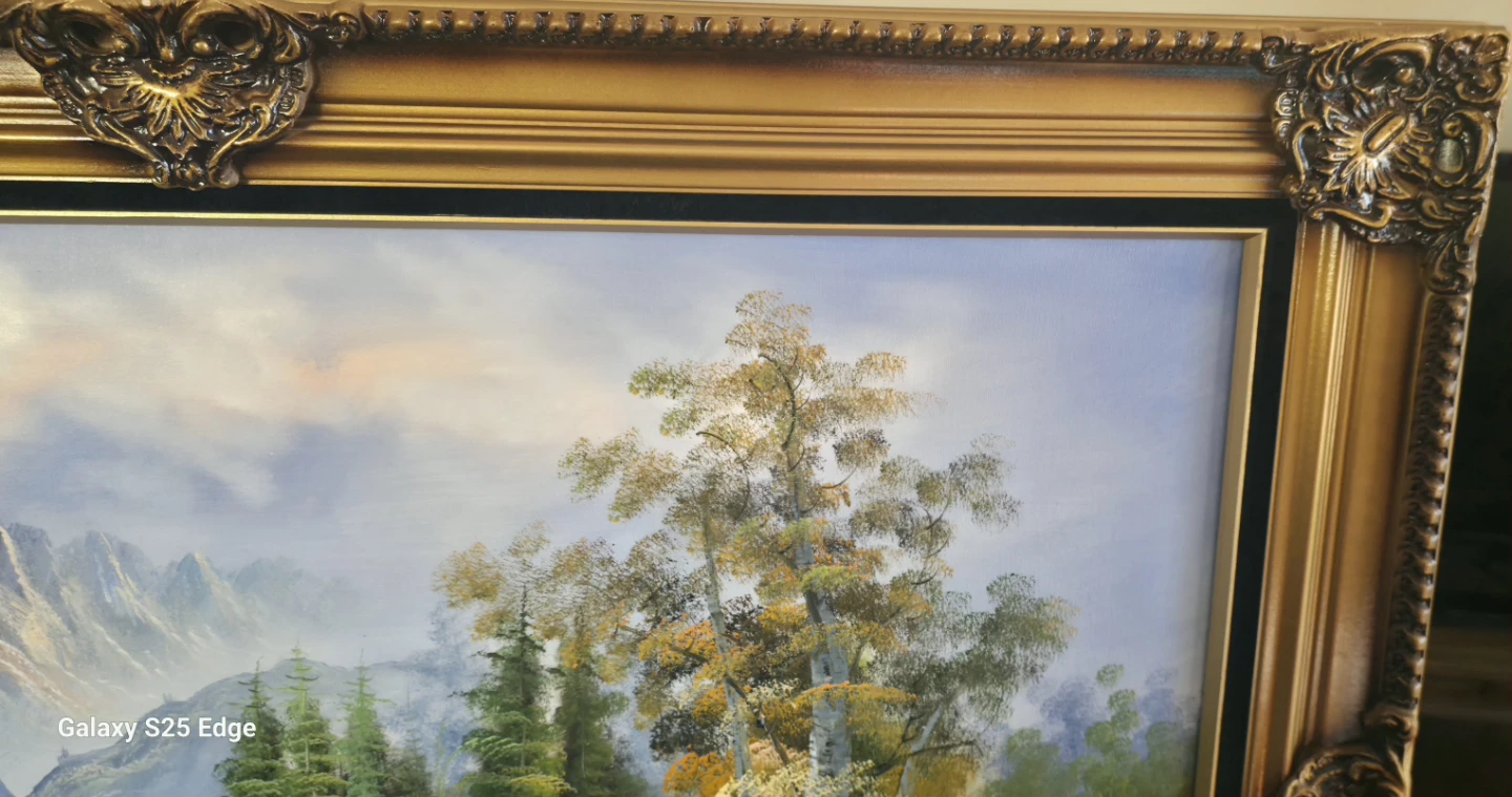 Framed Landscape Oil Painting of Mountains and Waterfall - photo 4