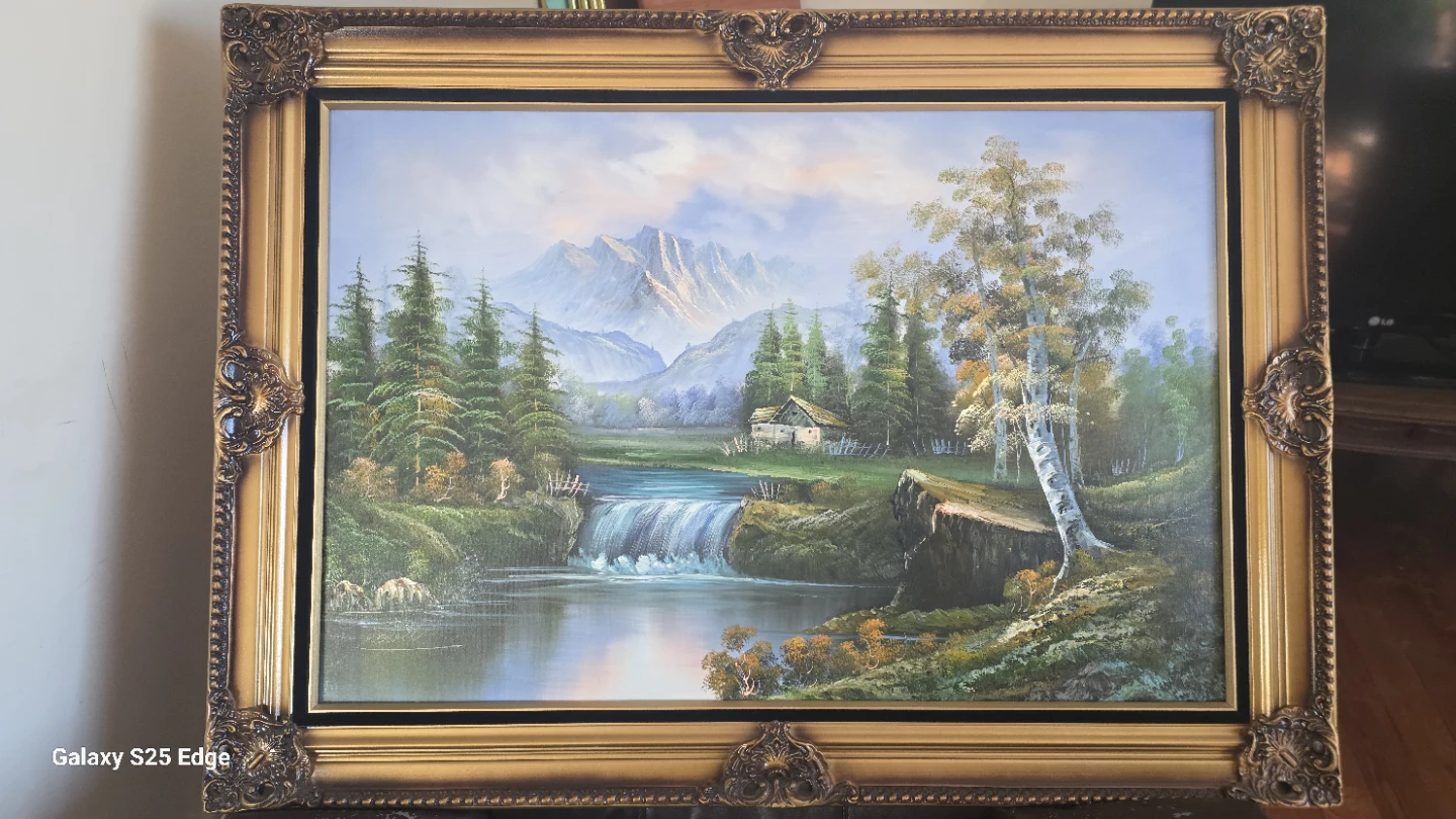 Framed Landscape Oil Painting of Mountains and Waterfall - photo 5