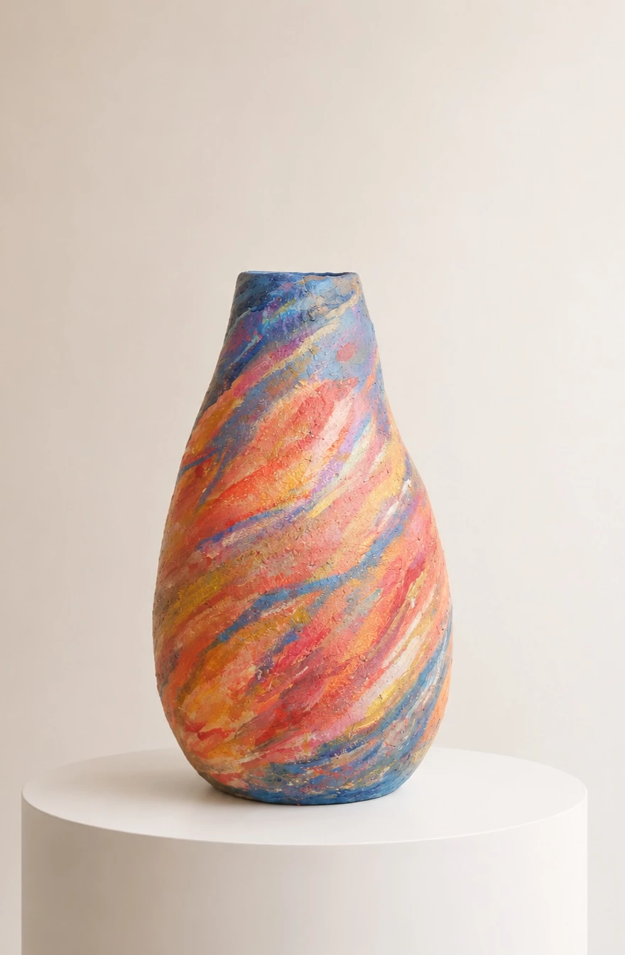 Hand-painted paper clay  Vase with Twig Decor
