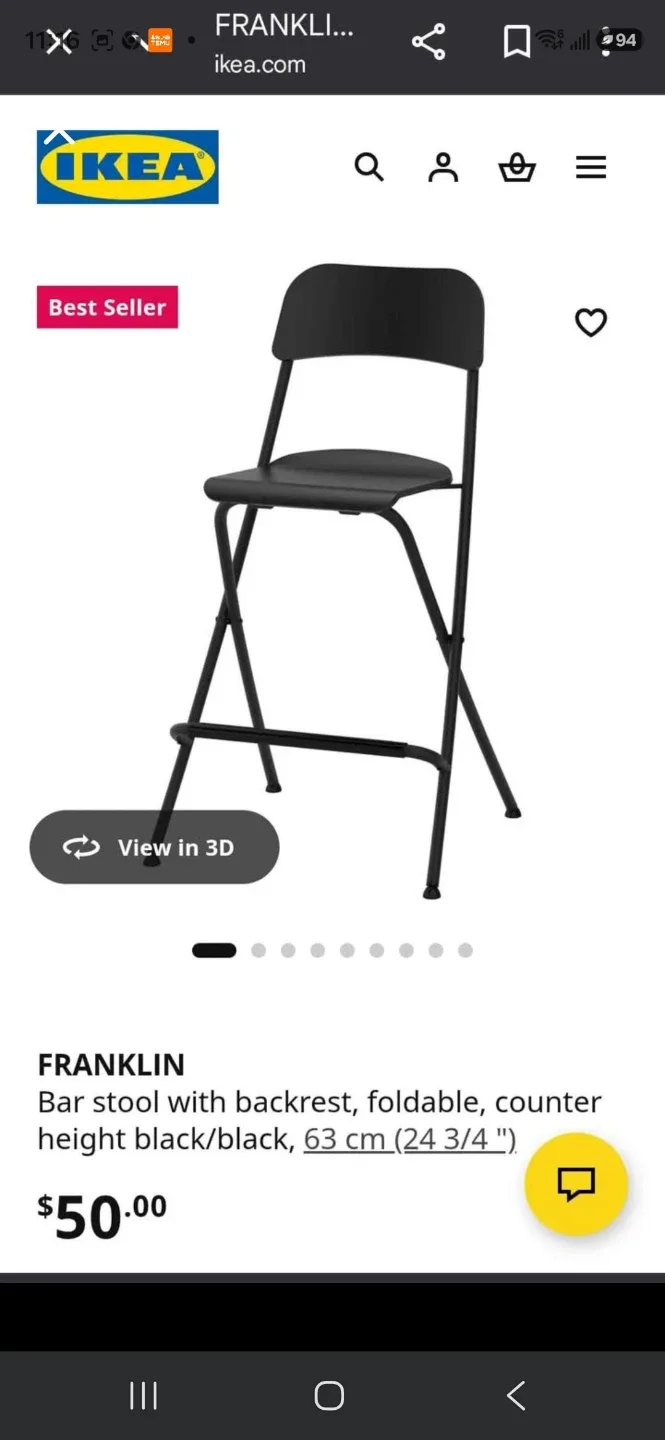 IKEA FRANKLIN Bar Stool with Backrest - Black - photo 3