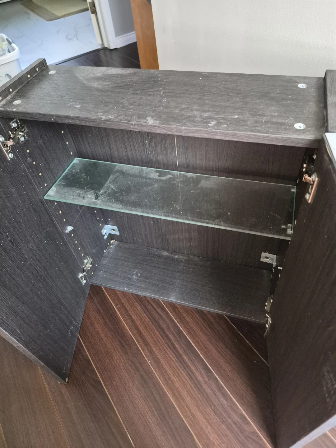 Dark Wood Cabinet with Mirrored Doors and Shelving - photo 3