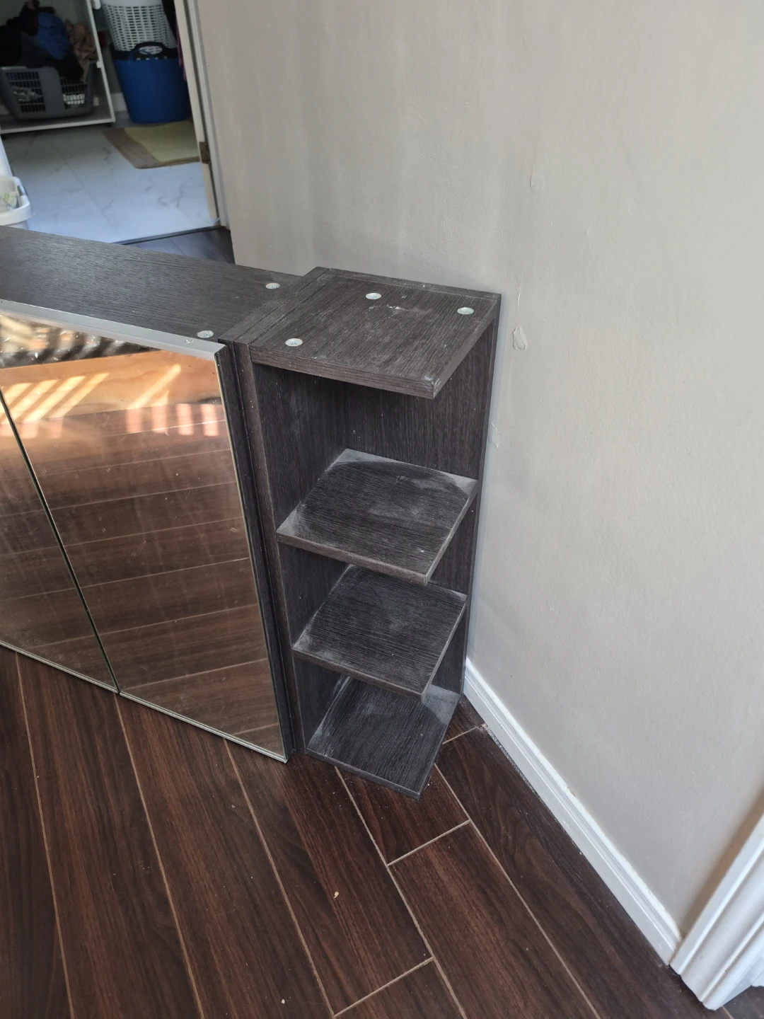 Dark Wood Cabinet with Mirrored Doors and Shelving - photo 5