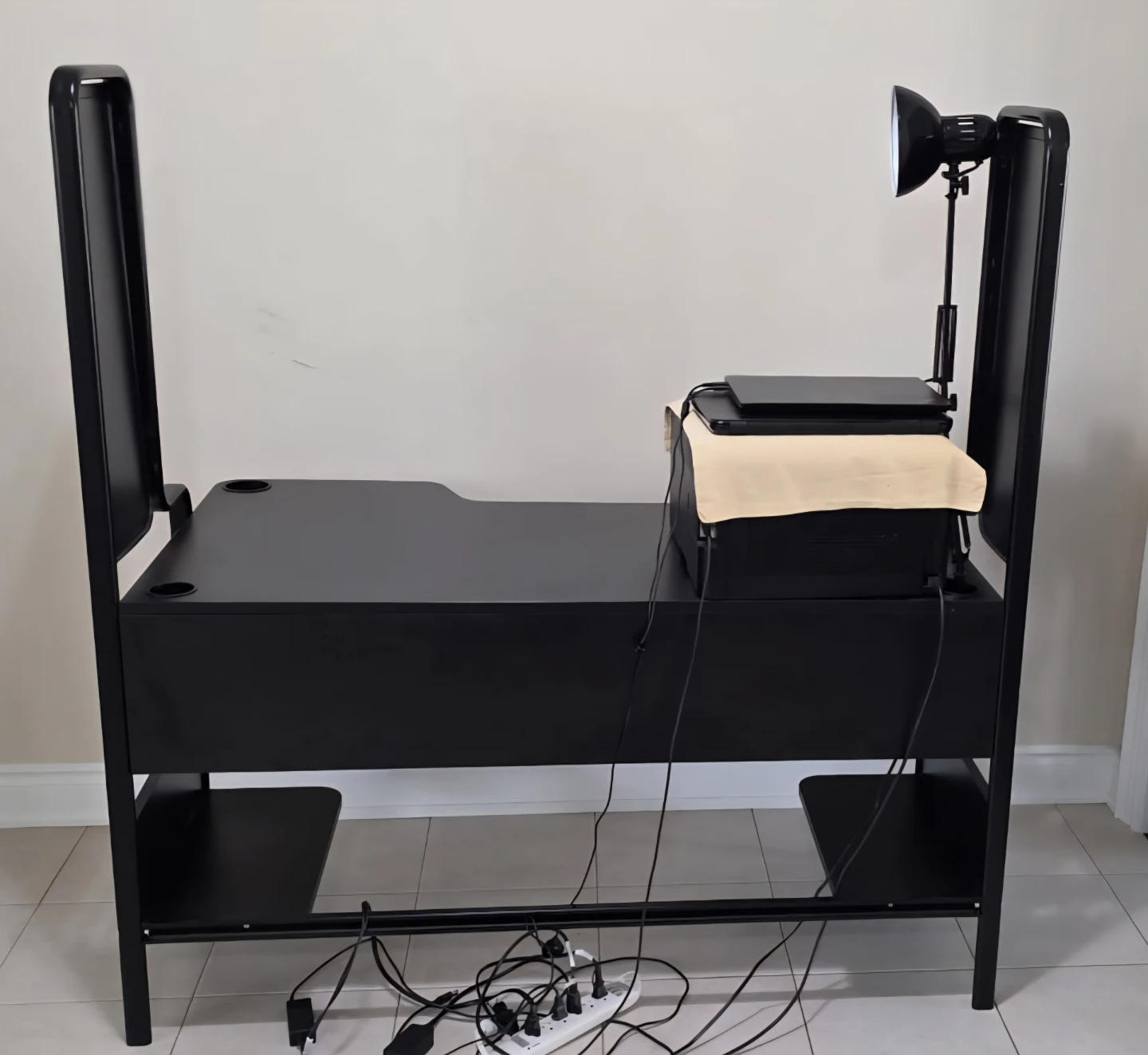 Black Gaming Desk with Built-in Lamp and Monitor Stands