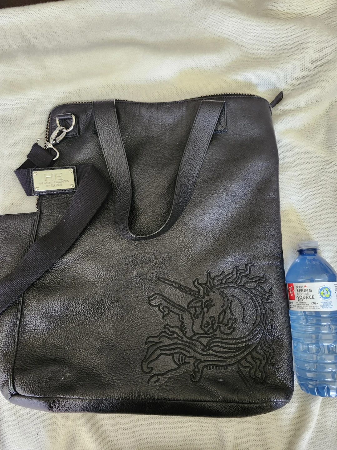Homini Emerito by Mango Black Leather Tote Bag Unicorn Design