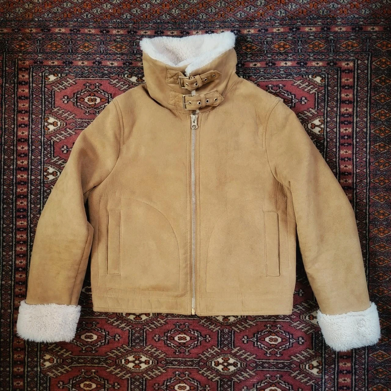 Tan Suede Sherpa Lined Jacket with Collar - photo 5