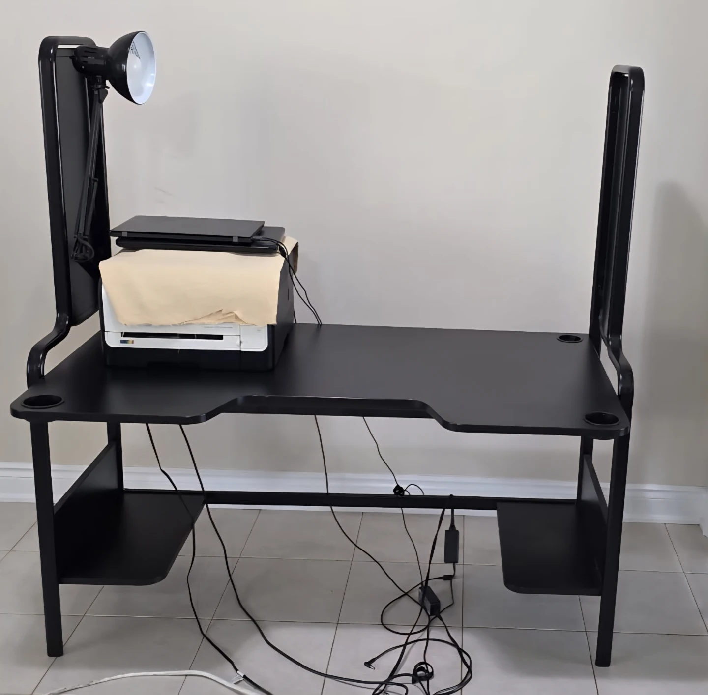 Black Gaming Desk with Built-in Lamp and Monitor Stands - photo 2