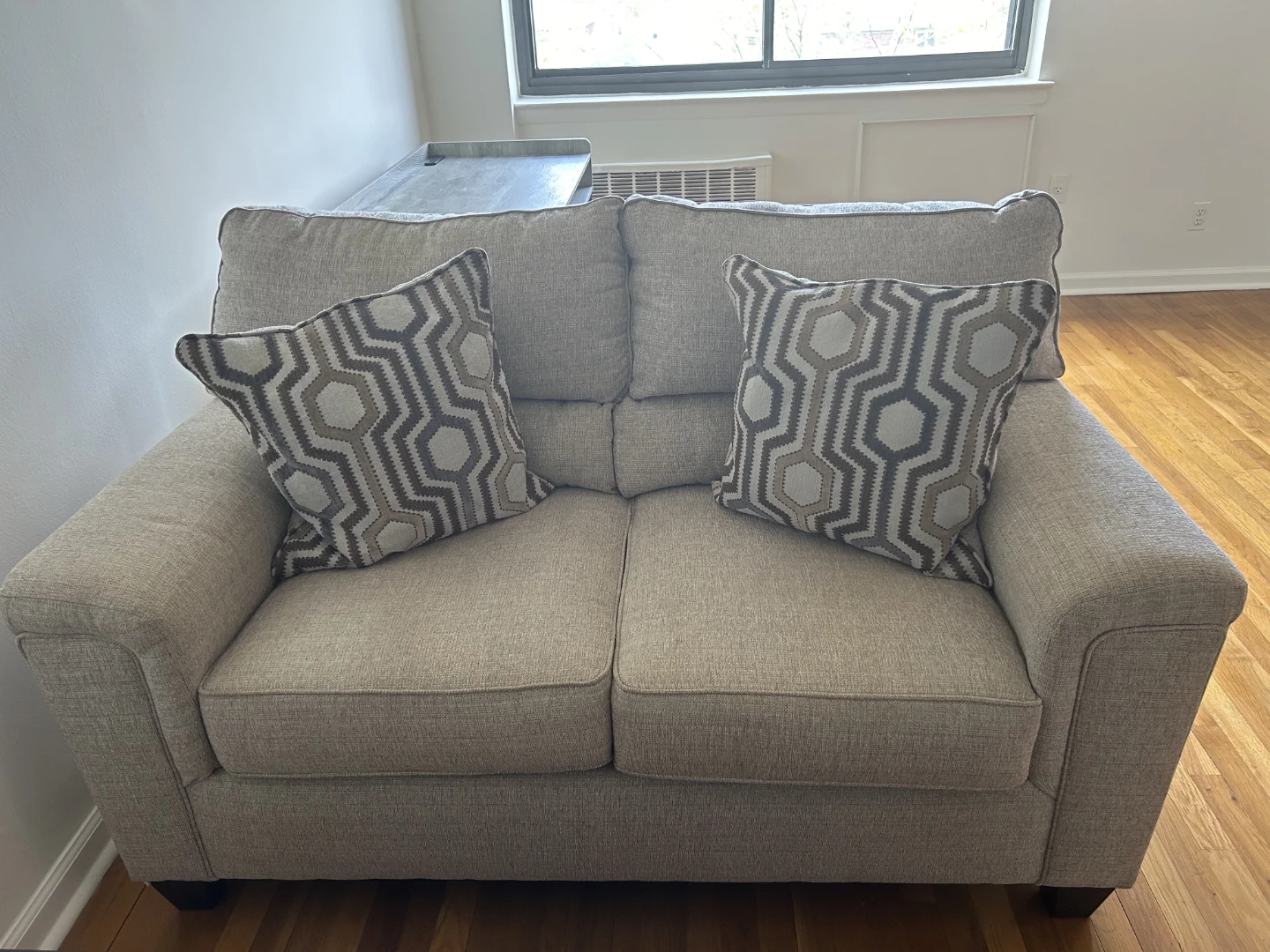Light Beige Loveseat with Geometric Pillows - photo 2