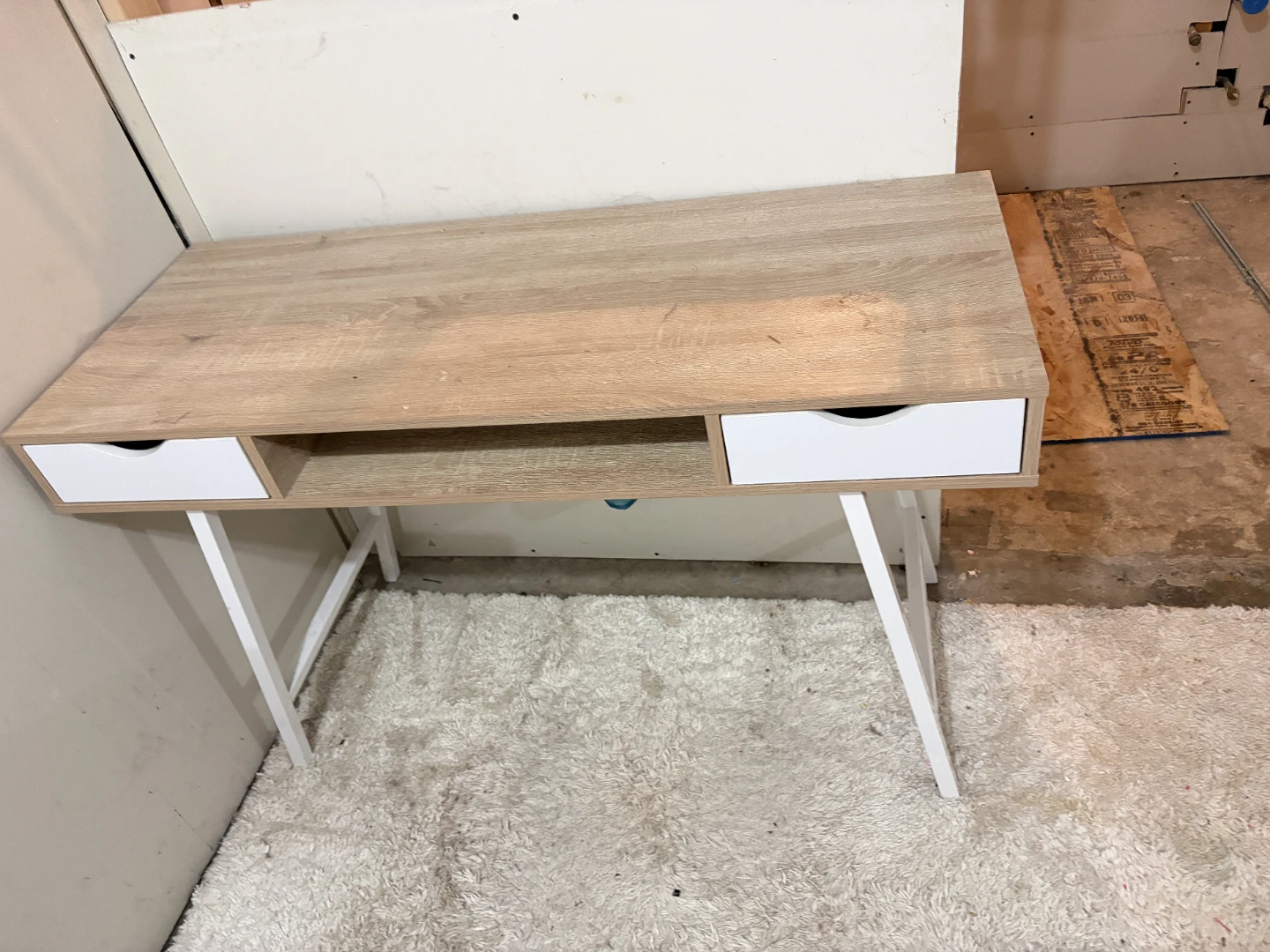 Wood Grain Desk with White Drawers and Frame