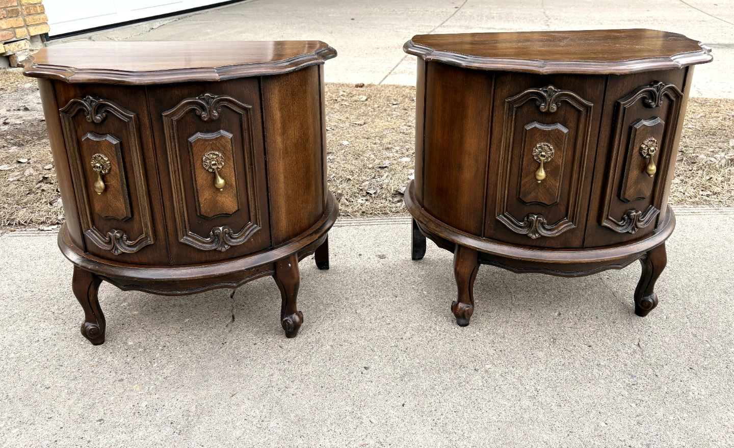 Vintage Demi-Lune Half Round End Tables Pair w/ Storage Cabinet