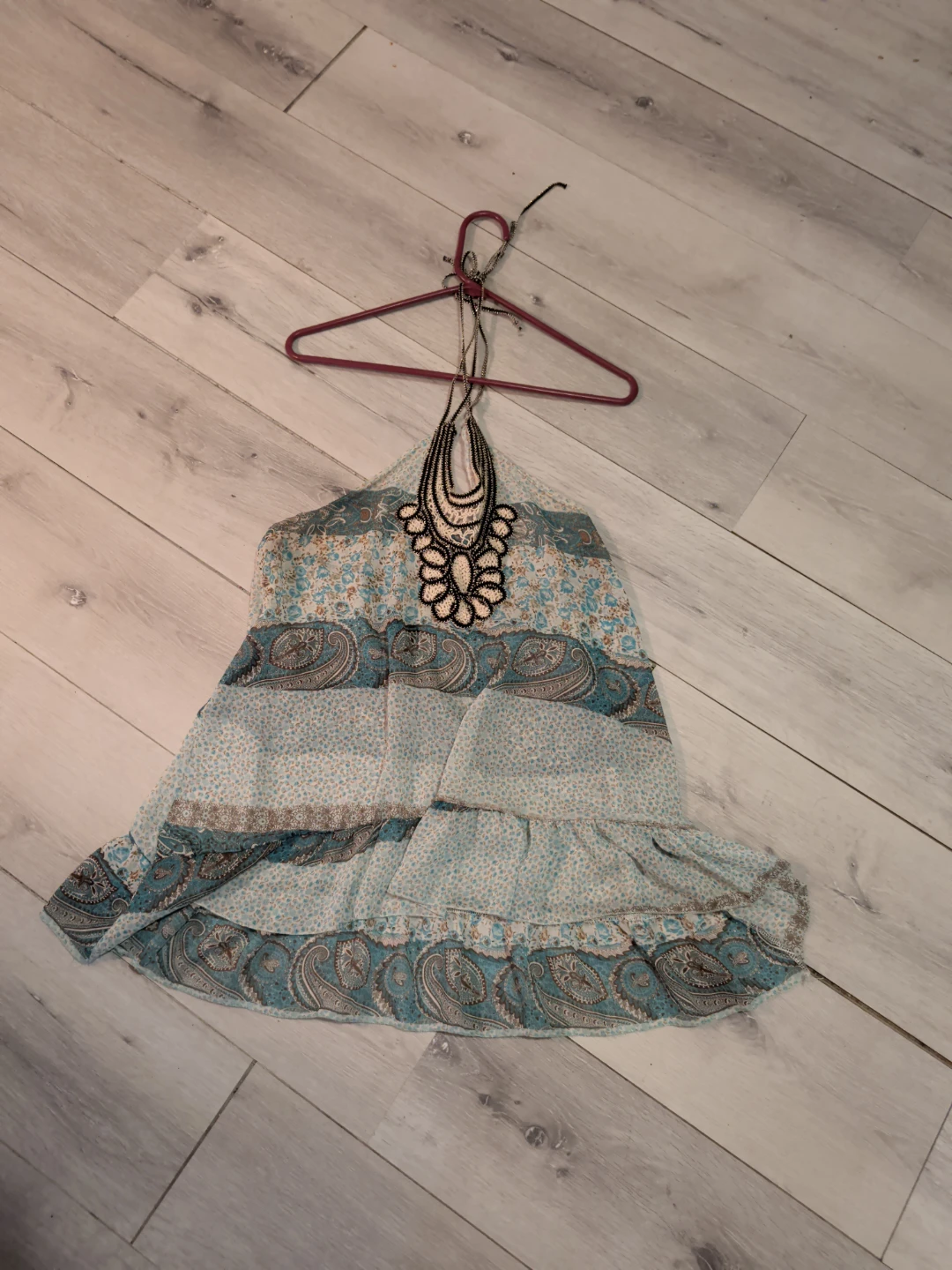 Blue and White Paisley Halter Dress with Embellished Neckline