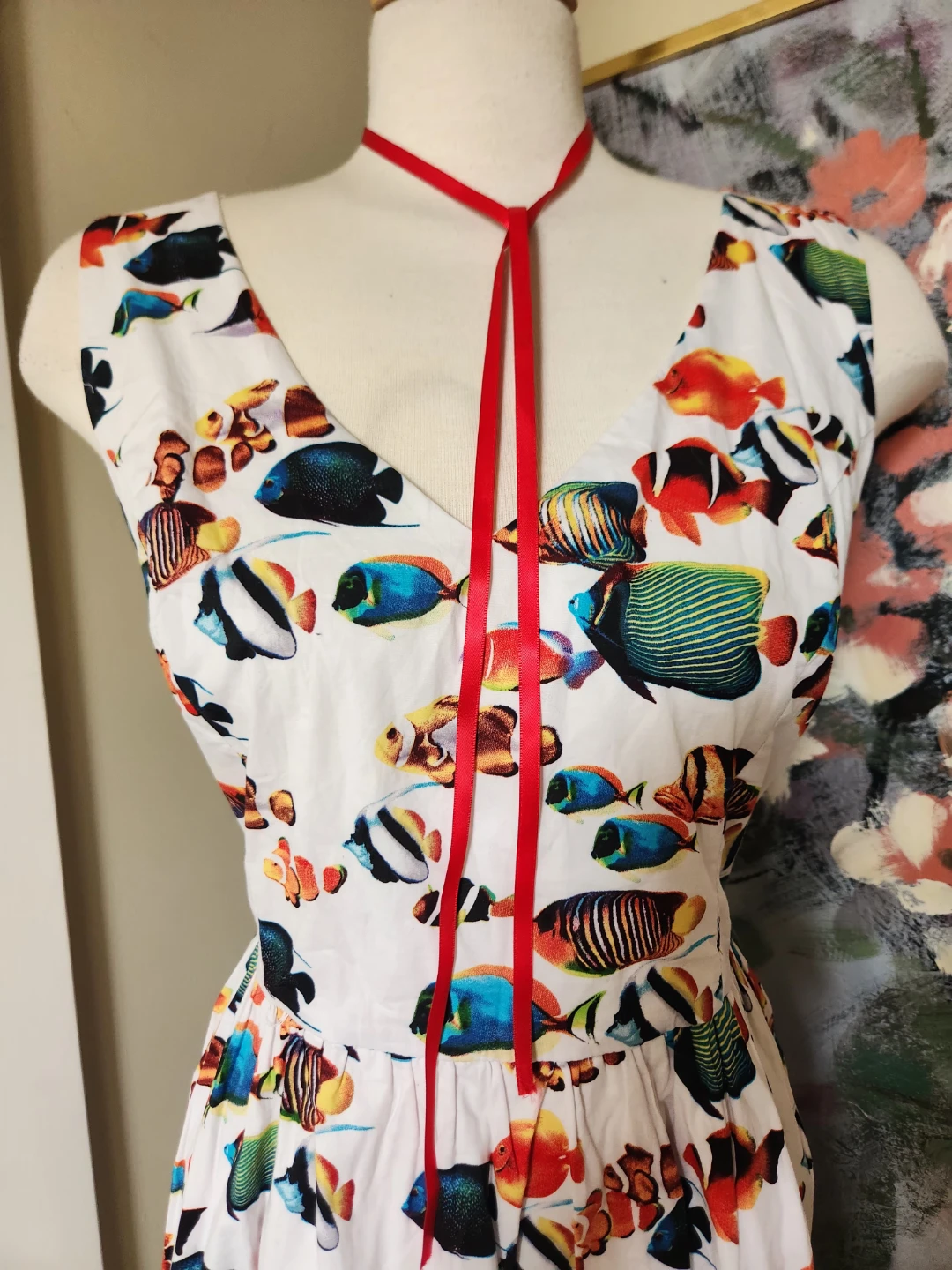 Cotton White Fish Print Sleeveless Dress