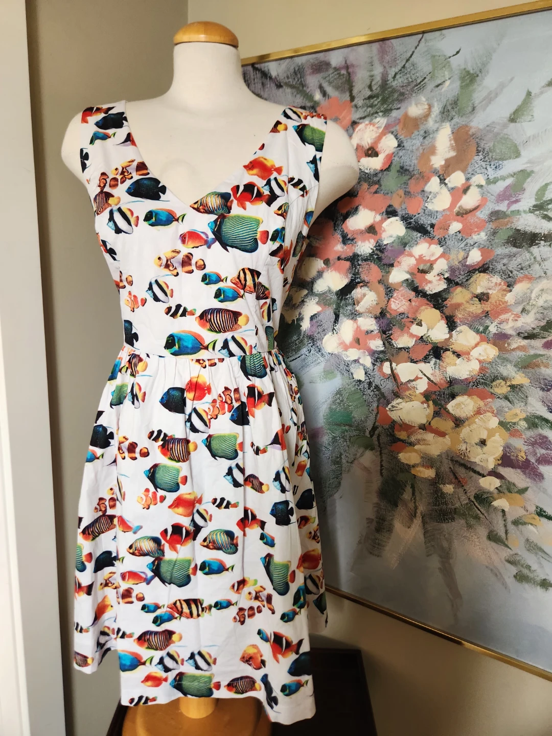 Cotton White Fish Print Sleeveless Dress - photo 2