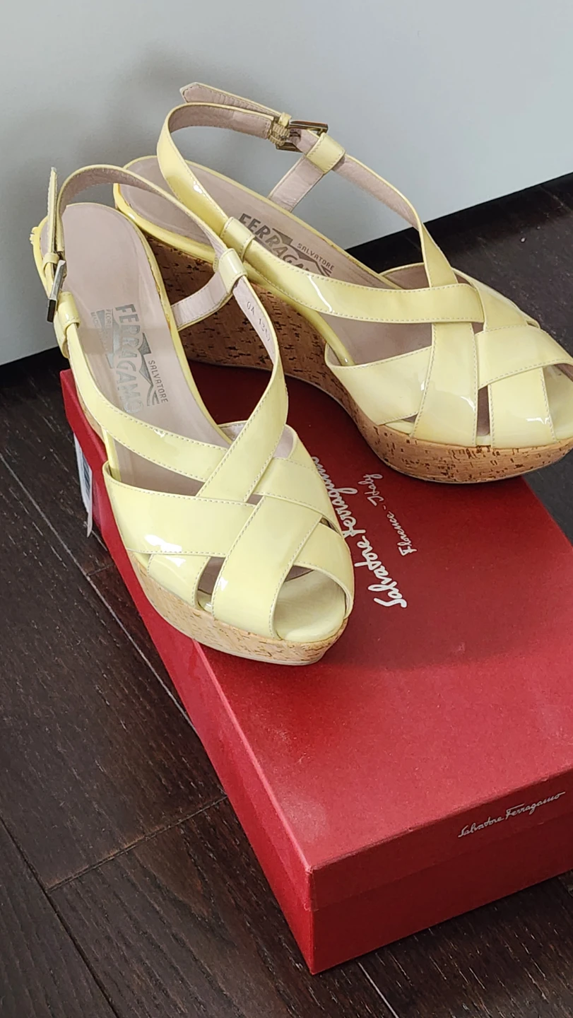 Salvatore Ferragamo Yellow Patent Leather Wedge Sandals