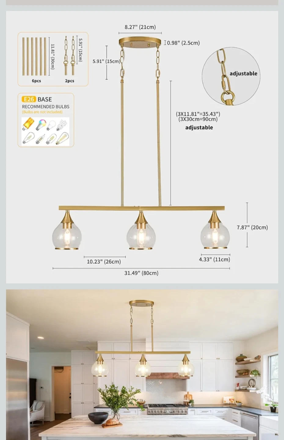 3-Light Brass Pendant Light Fixture with Glass Shades - photo 5