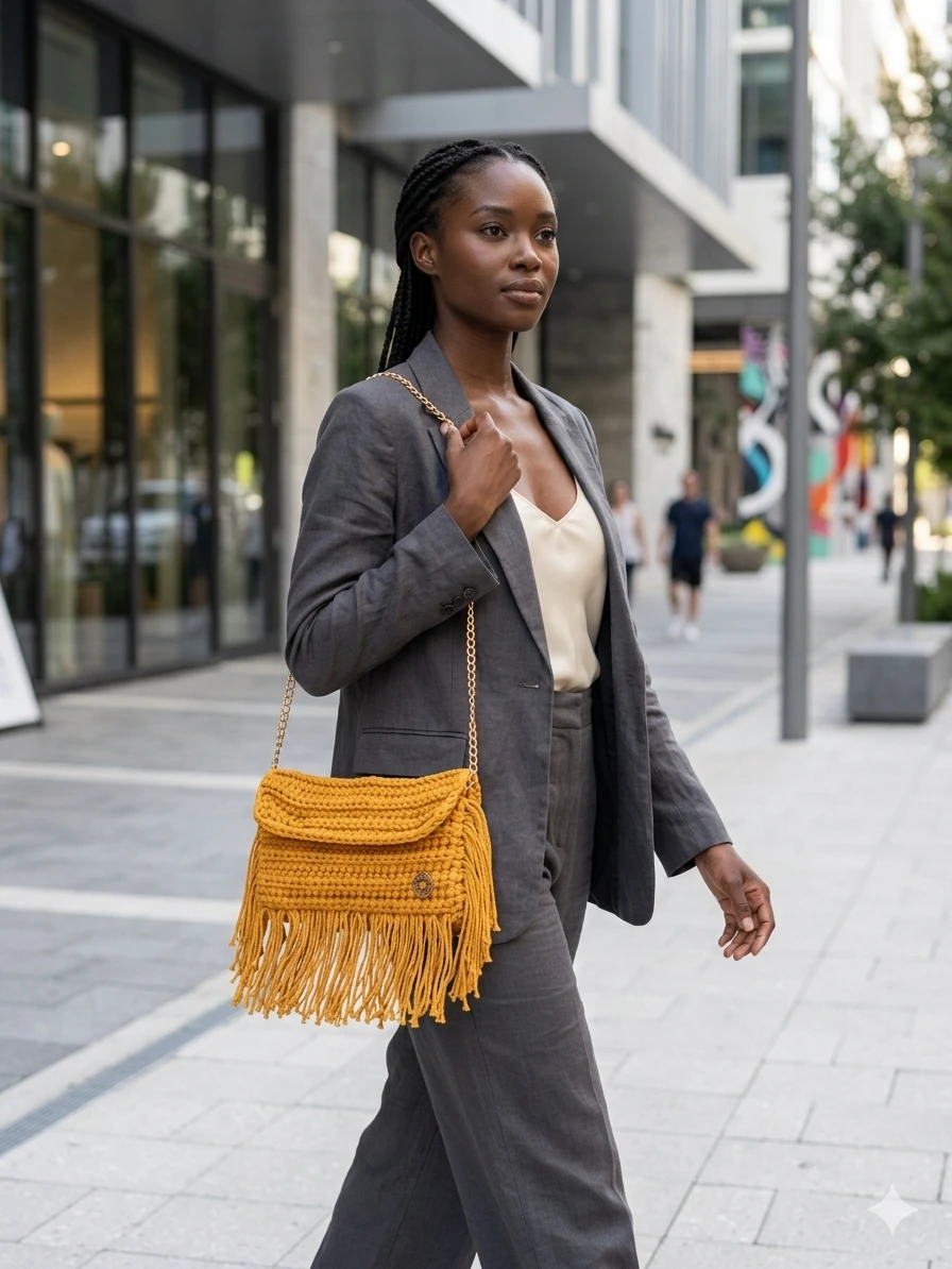Crocheted Mustard Yellow Fringe Handbag - photo 5