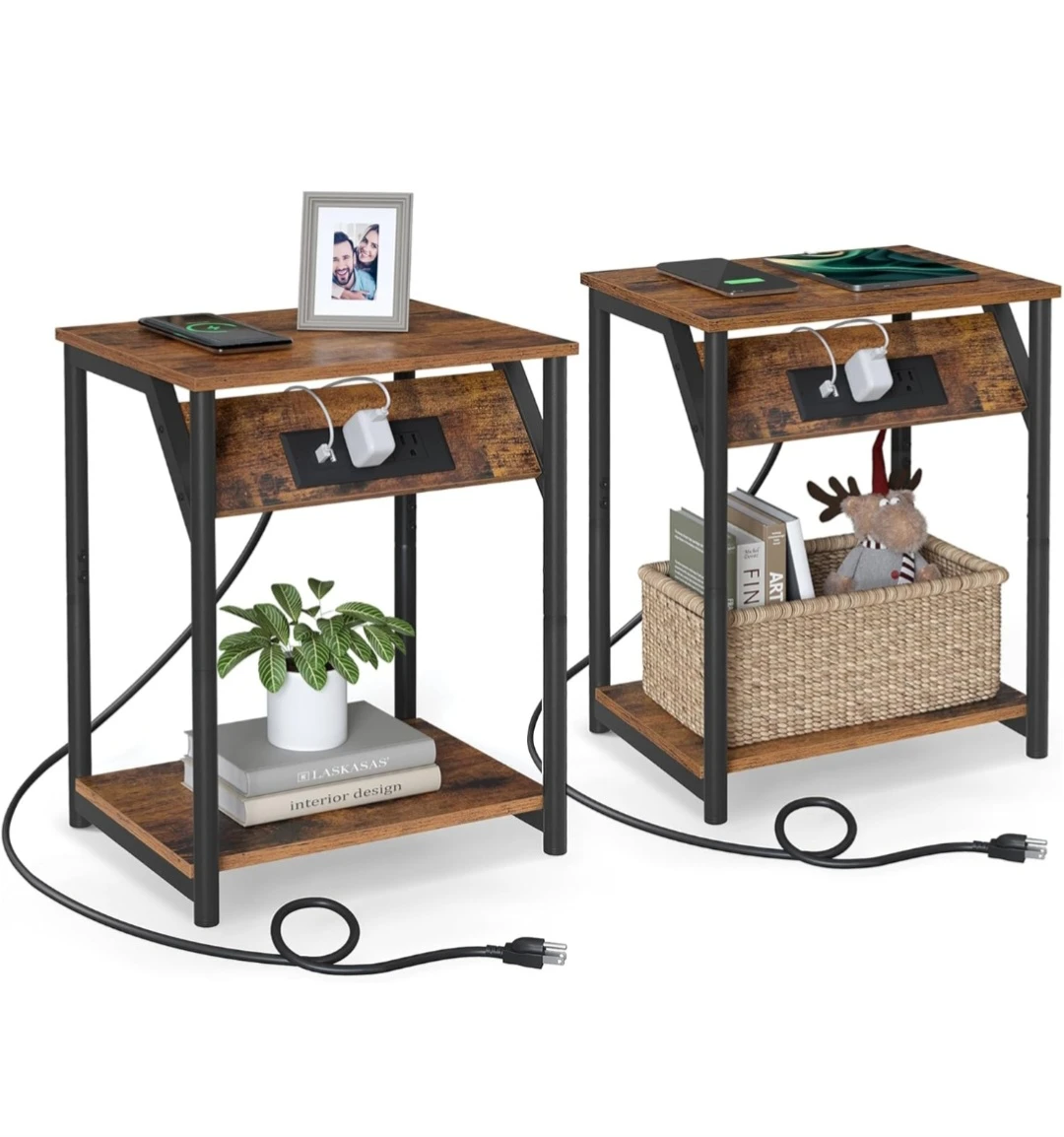 Rustic End Table with Built-in Charging Station