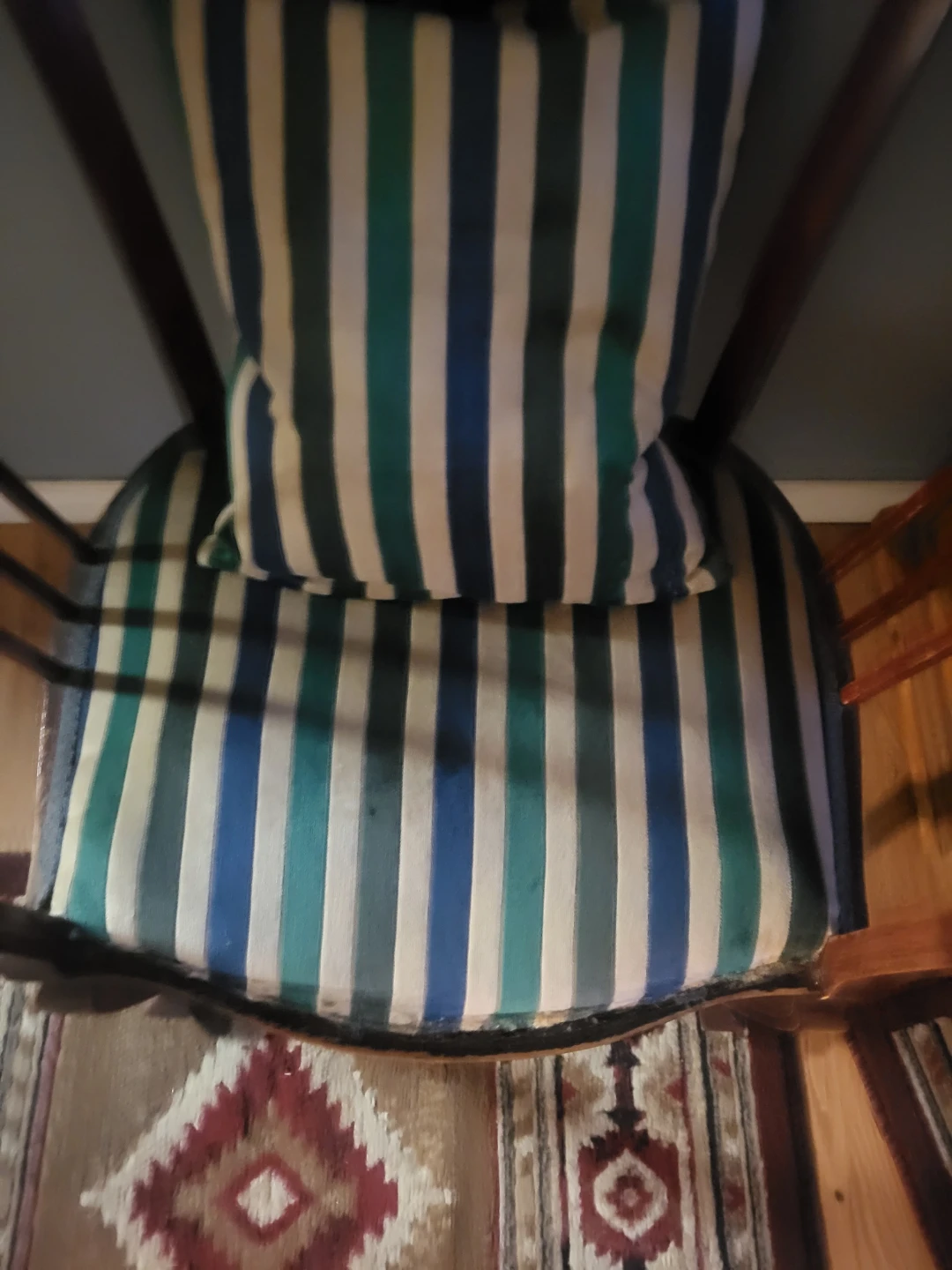 Antique Wooden Accent Chair with Striped Cushion - photo 2