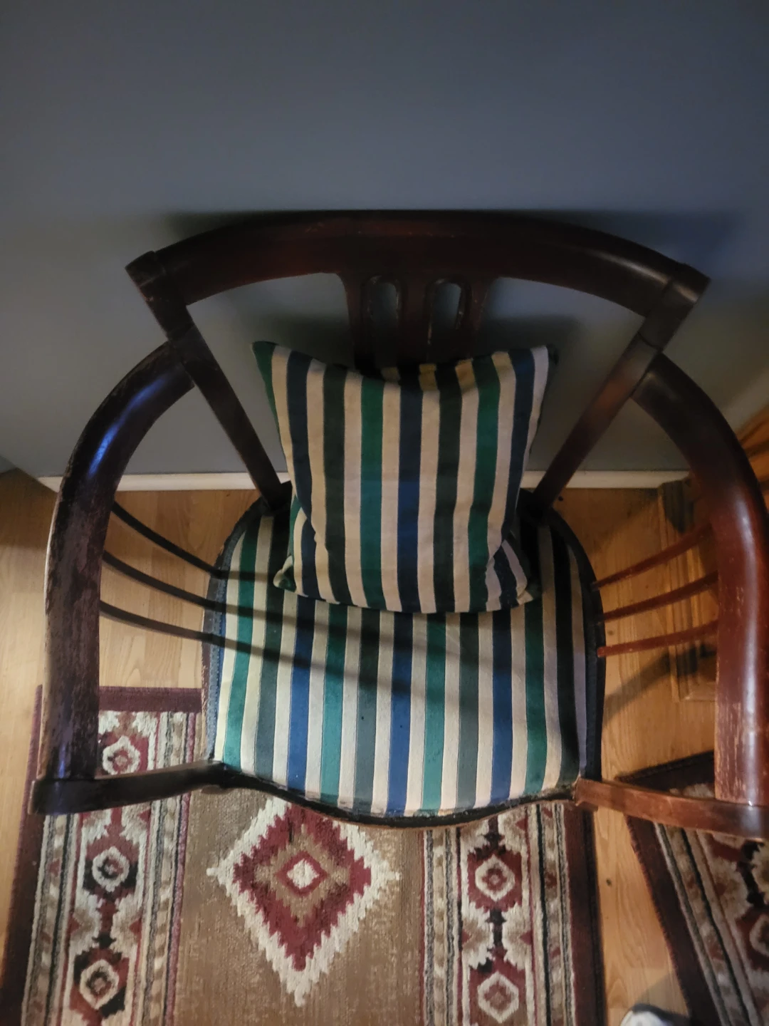 Antique Wooden Accent Chair with Striped Cushion - photo 3